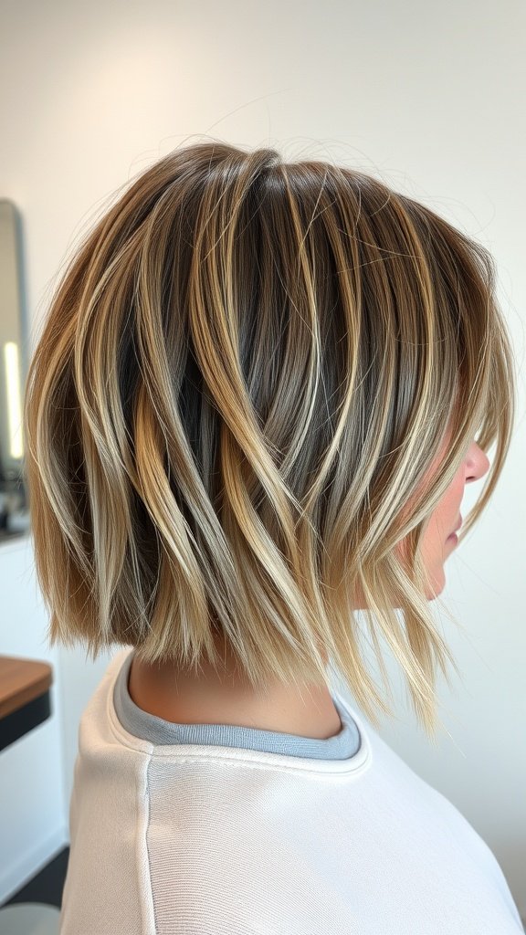 A stylish bob haircut with jagged razor-cut layers and highlights.