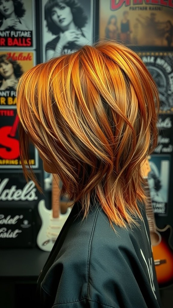A layered shag haircut featuring copper undertones, showcasing movement and texture.