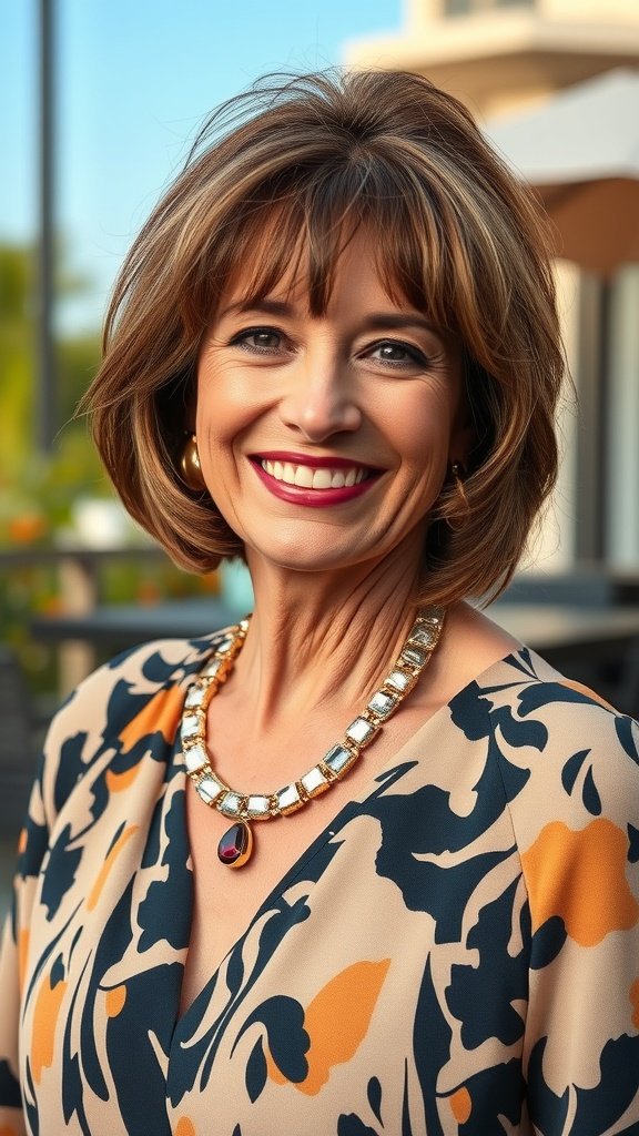 A woman with a lob hairstyle featuring feathered bangs, wearing a stylish outfit and smiling.