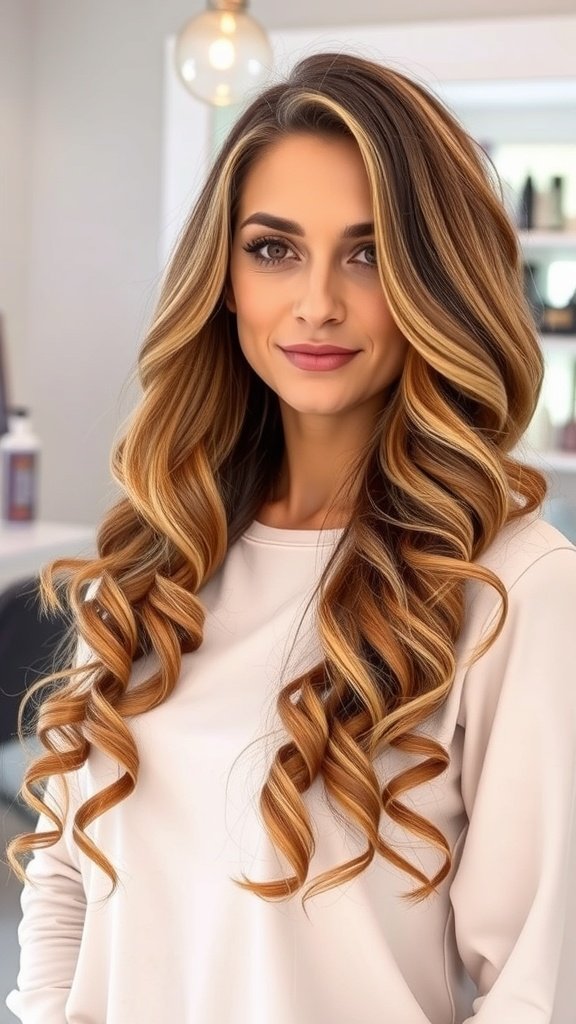 A woman with long layered spiral curls, showcasing a vibrant hairstyle with depth and movement.