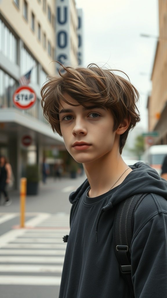 Teenage boy with long messy layers hairstyle, looking stylish in a casual setting.