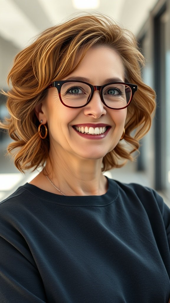 A woman with loose curls and auburn streaks, wearing glasses and smiling.