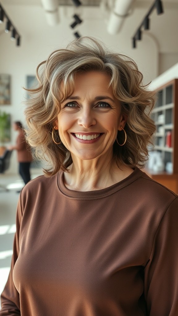 A woman with mid-length soft curly hair and layers, smiling in a modern setting.
