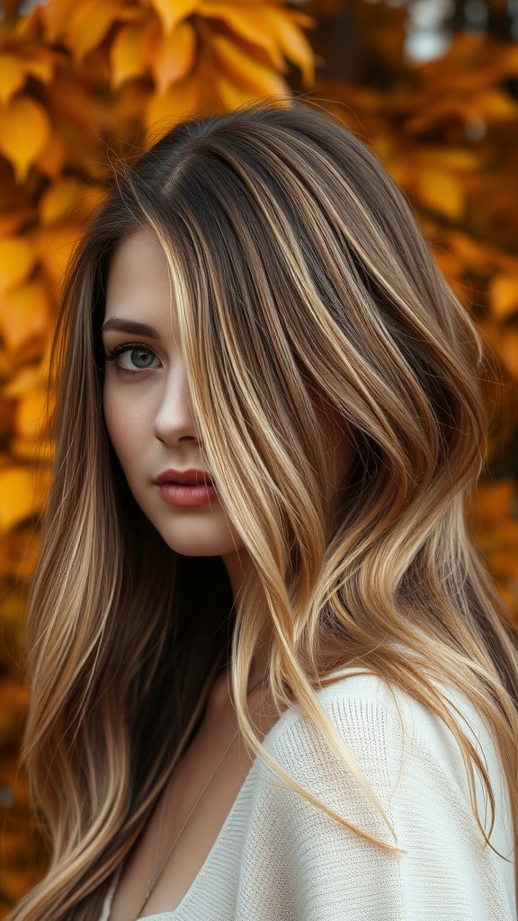 A woman with midnight blonde balayage hair, featuring soft waves and warm tones, set against a backdrop of autumn leaves.