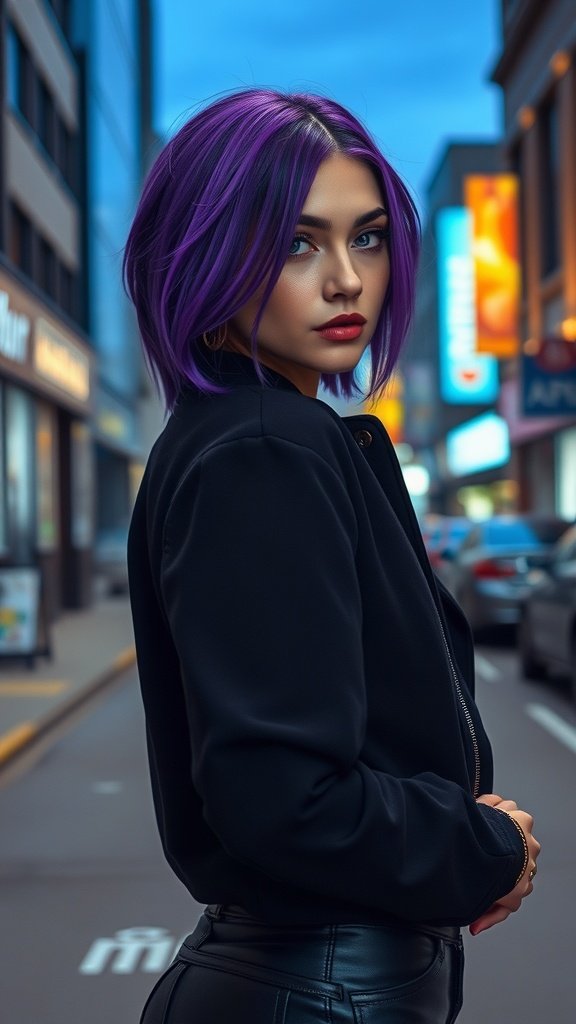 A person with midnight purple hair and ash blonde accents standing in a city street.