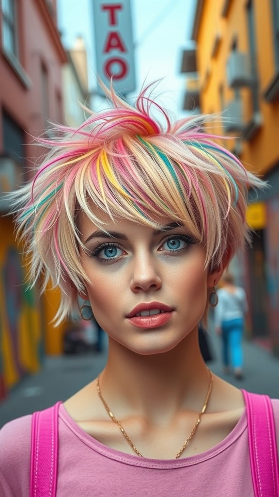 A person with a pastel rainbow shaggy pixie cut, showcasing vibrant colors and a stylish look.