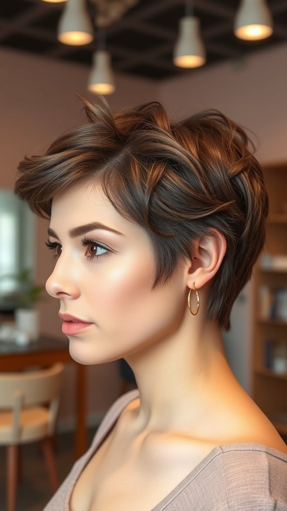A woman with a tousled pixie haircut featuring soft waves and a side part, showcasing a stylish look.