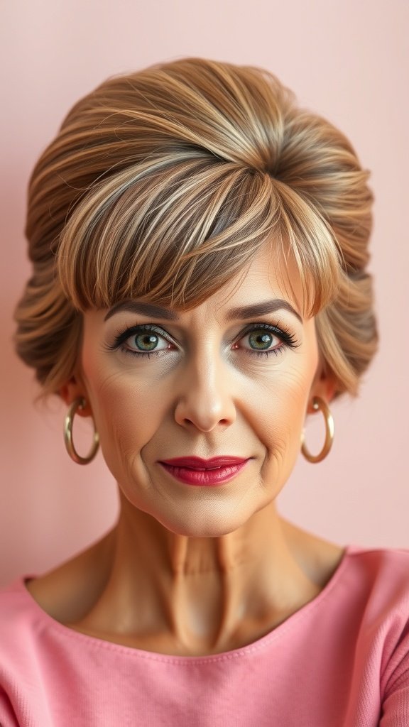 A woman with a retro beehive hairstyle and blunt bangs, showcasing a stylish look.