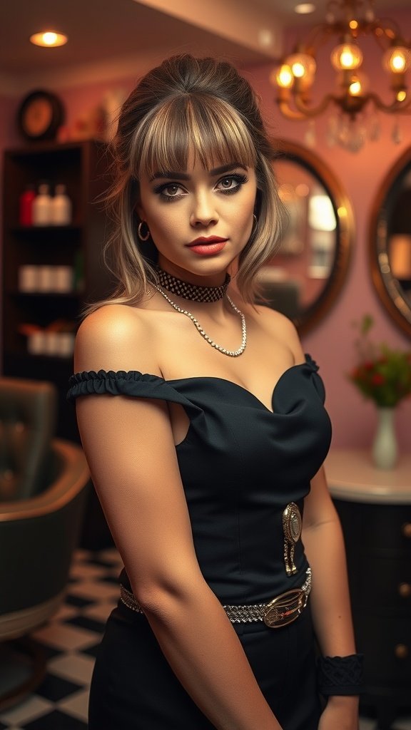 A model with retro glam curtain bangs, wearing a stylish black dress, showcasing an elegant hairstyle.