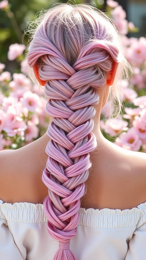 A person with a rosy pink waterfall braid hairstyle, surrounded by pink flowers.