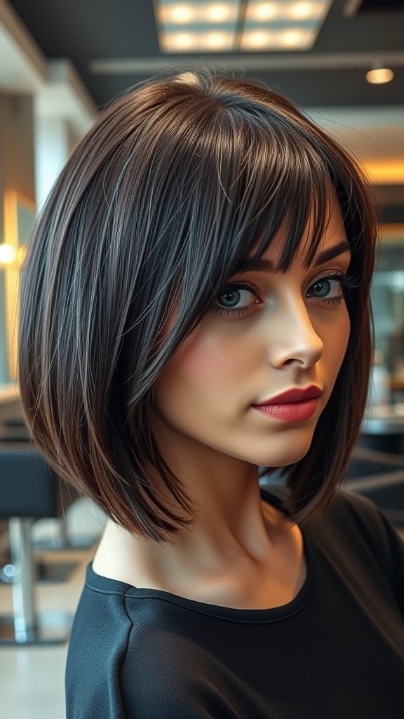 A woman with a rounded bob hairstyle, featuring soft edges and bangs, showcasing a smooth and elegant look.