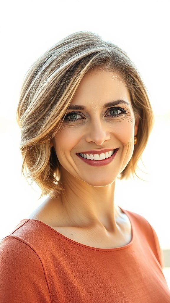 A woman with a short bob hairstyle and a deep side part, smiling confidently.