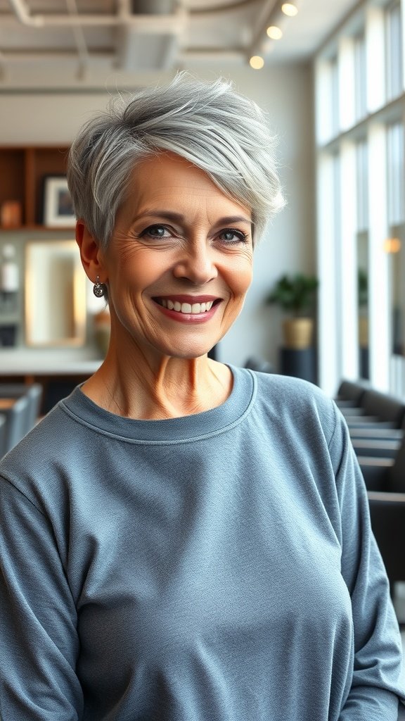 A woman with a short edgy pixie hairstyle, showcasing her gray hair, smiling in a modern setting.
