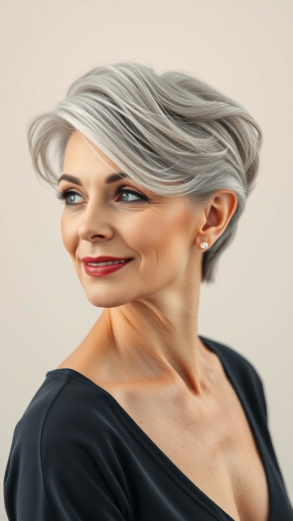 A woman with short gray hair styled with a deep side part, wearing a black top and smiling.