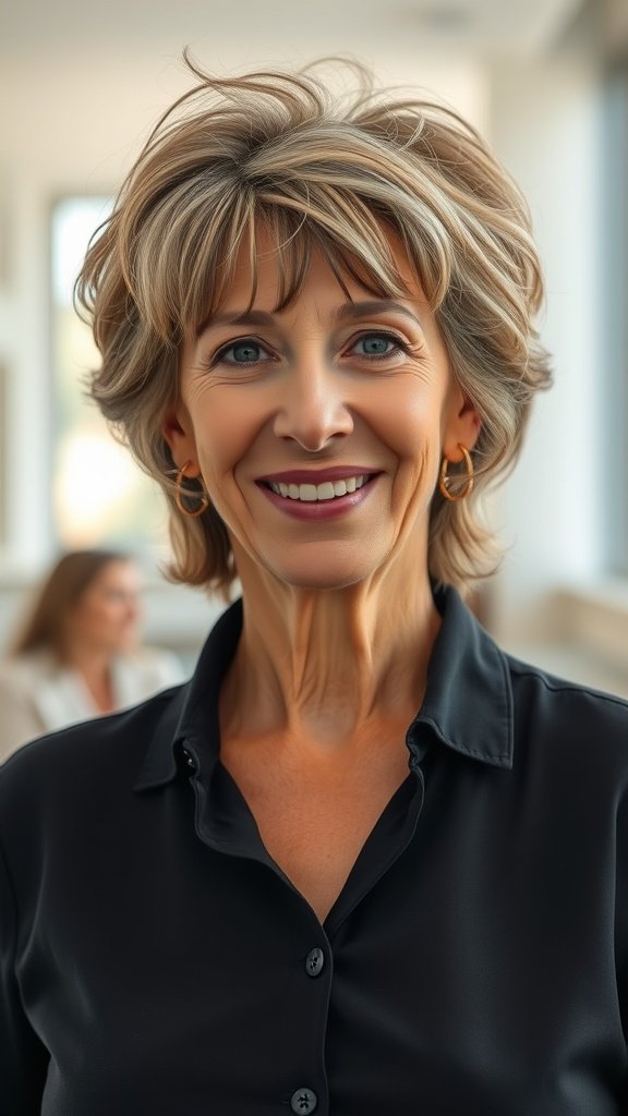 A woman over 50 with a short wavy bob and side-swept fringe, smiling confidently.