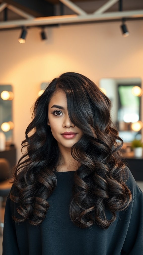 A woman with shoulder-length hair styled in voluminous curls, showcasing a chic and vibrant look.