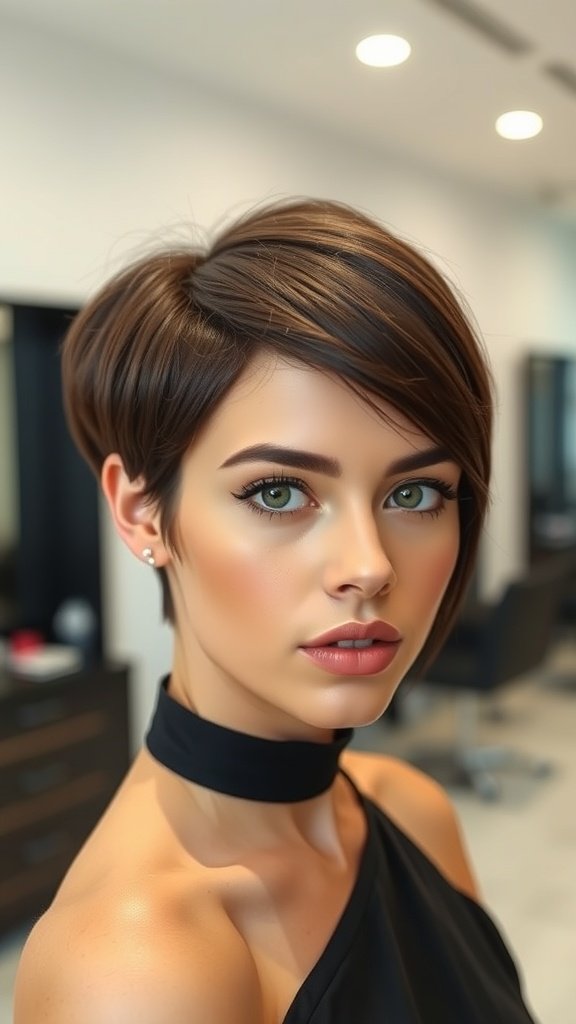 A woman with a sleek bobbed pixie cut, showcasing a modern hairstyle in a salon setting.