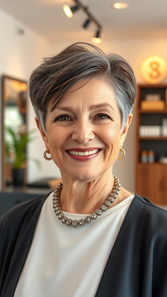 A woman over 70 with a sleek pixie hairstyle featuring side volume, smiling confidently.