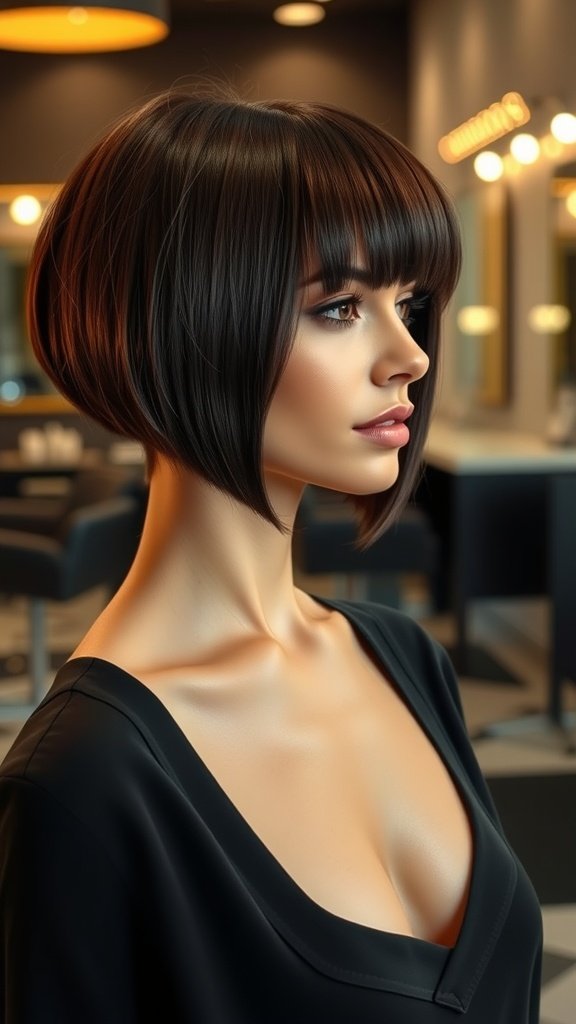 A woman with a sleek precision-cut inverted bob hairstyle, showcasing a polished and elegant look.