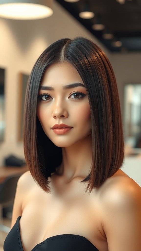A woman with a sleek straight long bob hairstyle, showcasing a polished and modern look.