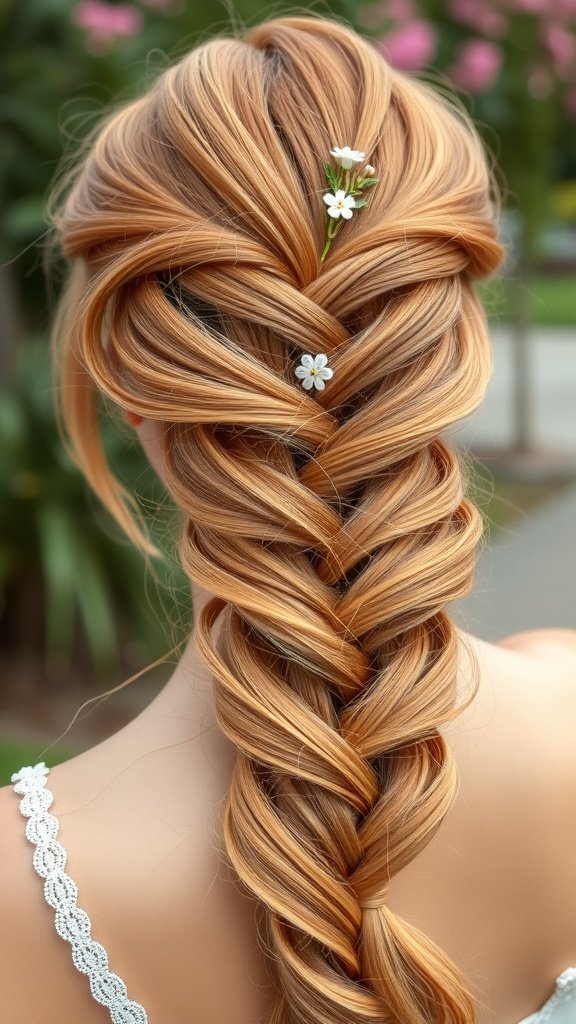A close-up of a strawberry blonde French braid adorned with small white flowers.
