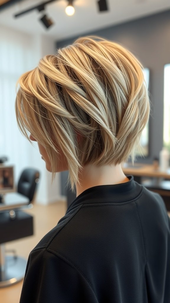 A woman with a twisted shag hairstyle featuring defined layers, showcasing a stylish and modern look.