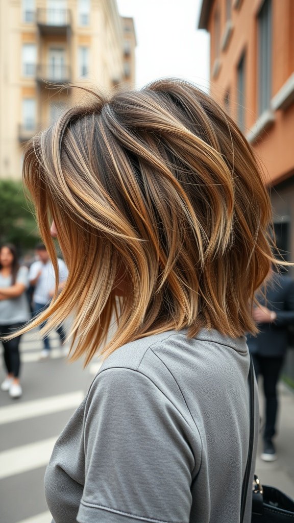 A woman with voluminous shag haircut, showcasing layers and texture, standing in an urban setting.
