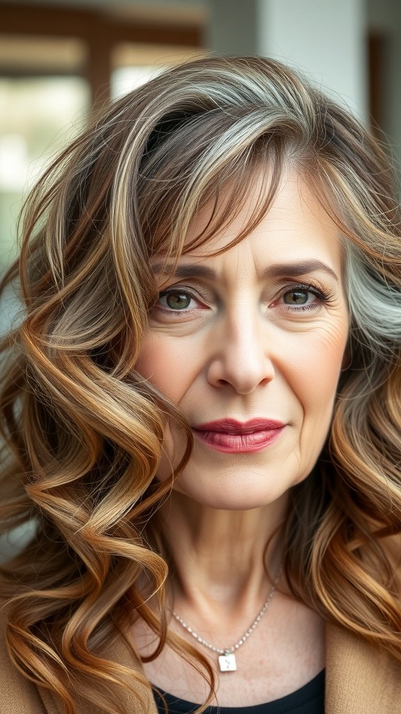 A woman with wavy hair styled in distinct layers and a middle part, showcasing a fresh and elegant look.