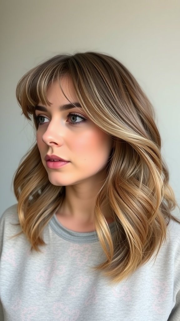 A woman with a wavy lob hairstyle and disconnected wispy bangs, showcasing a soft and romantic look.