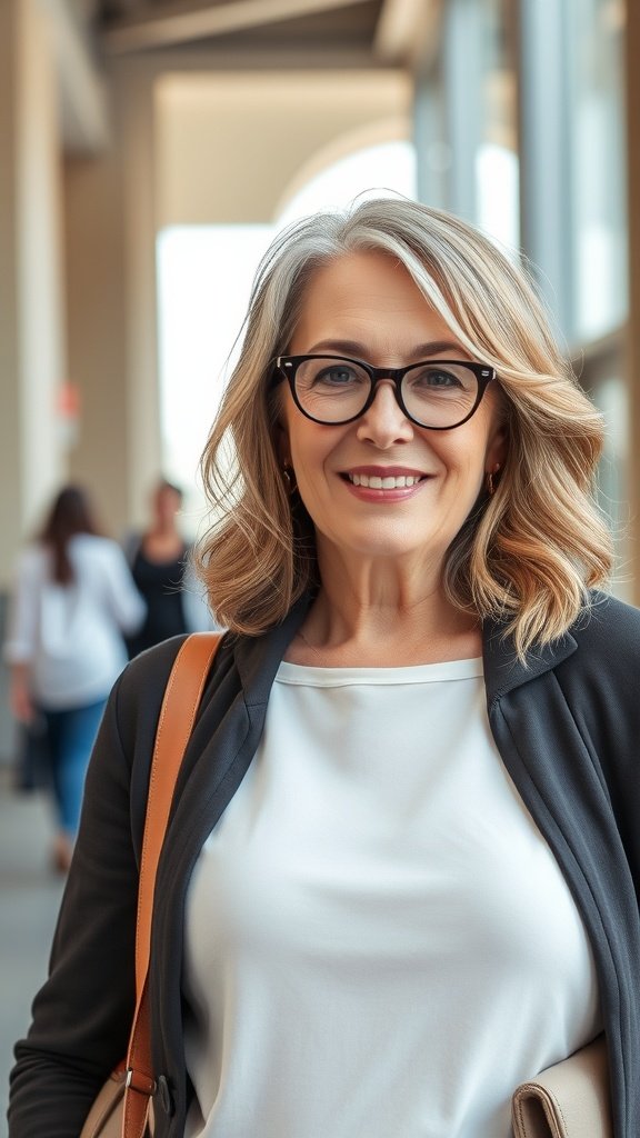 A woman over 70 with a wavy lob hairstyle and side-swept bangs, wearing glasses and smiling.