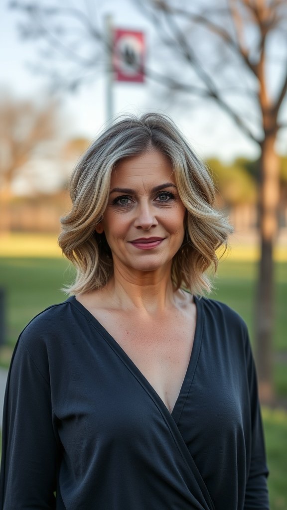 A woman with wavy lob hairstyle and subtle balayage, wearing a black top, smiling outdoors.