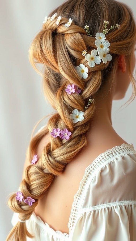 A beautiful waterfall braid adorned with flowers, showcasing a whimsical hairstyle.