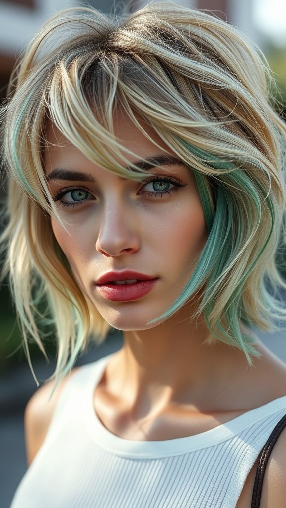 A woman with tousled ash blonde hair featuring sea green highlights, looking stylish and vibrant.