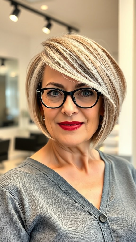 A woman over 50 with an asymmetrical bob hairstyle and glasses, showcasing a modern and stylish look.