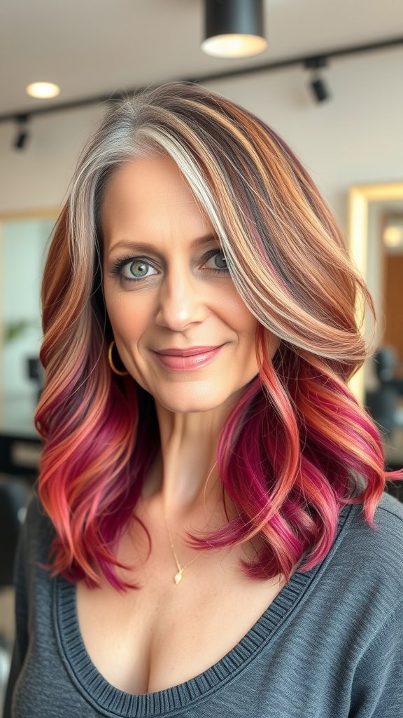 A woman with an asymmetrical wavy lob hairstyle featuring vibrant colors and soft waves.