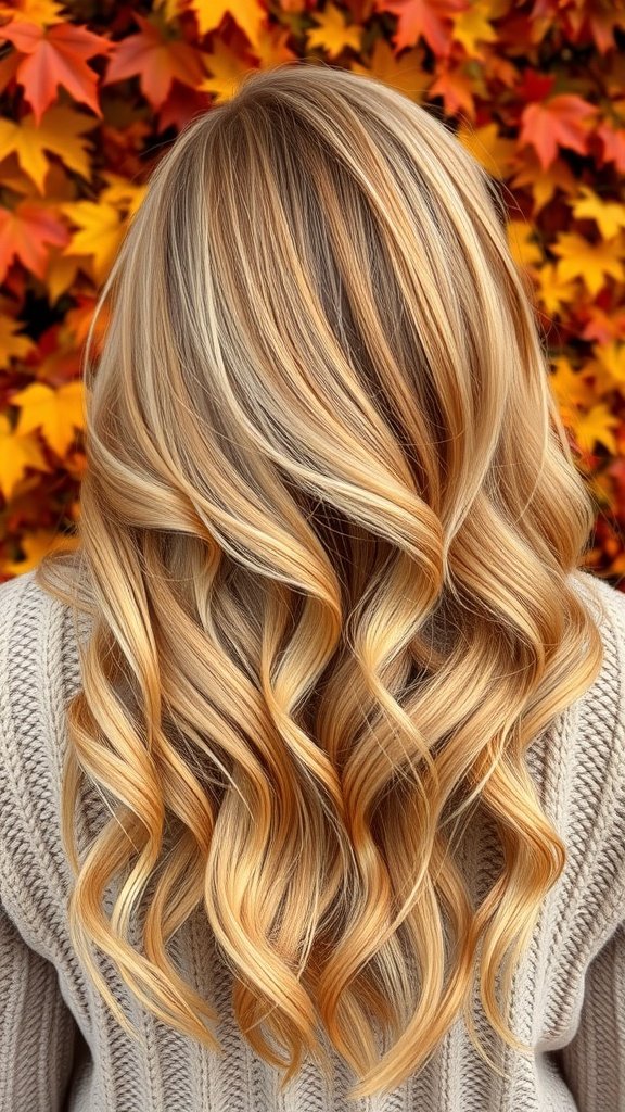 Long wavy blonde hair with pumpkin spice highlights against a backdrop of autumn leaves.