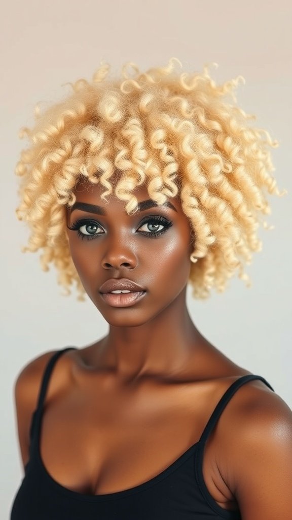 A beautiful blonde afro hairstyle with soft purple lowlights.