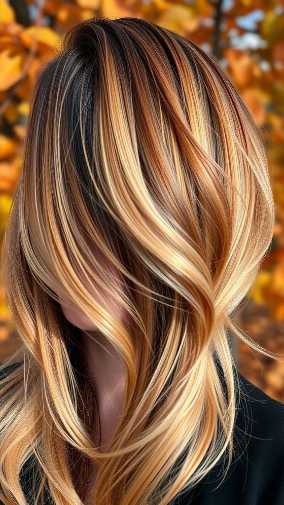 A woman with blonde balayage hair featuring auburn streaks, set against a backdrop of autumn leaves.