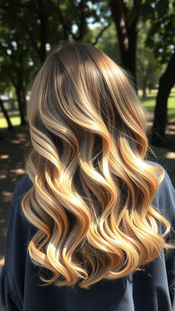 A woman with long, layered hair styled in soft waves, showcasing a bohemian look.