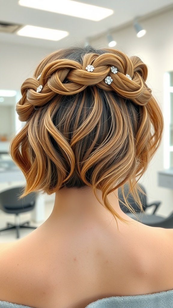 A woman with a braided crown hairstyle on short hair, featuring light brown and blonde highlights.
