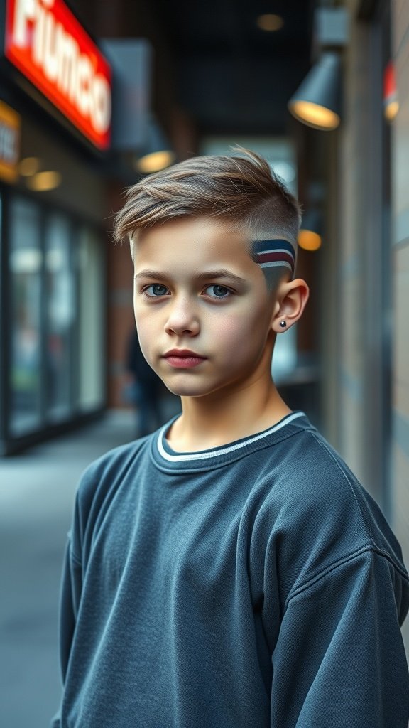 A young boy with a buzz cut featuring a side stripe, wearing a casual sweatshirt.