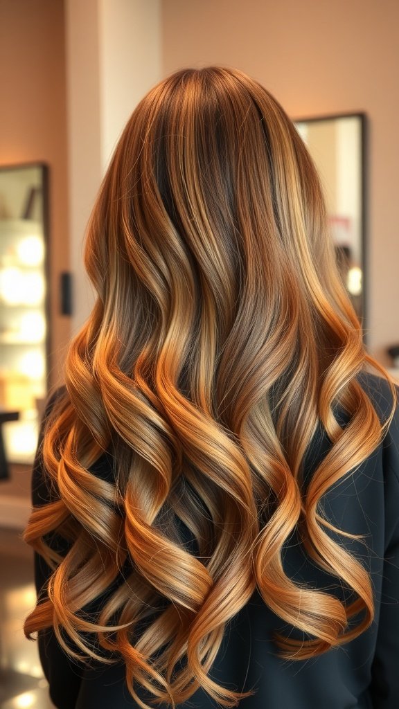 A hairstyle featuring caramel balayage with hints of copper, styled in soft waves.