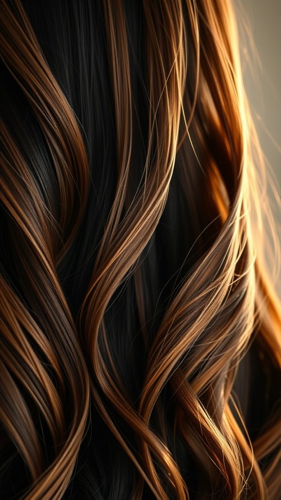 Long brown hair with caramel highlights styled in soft curls