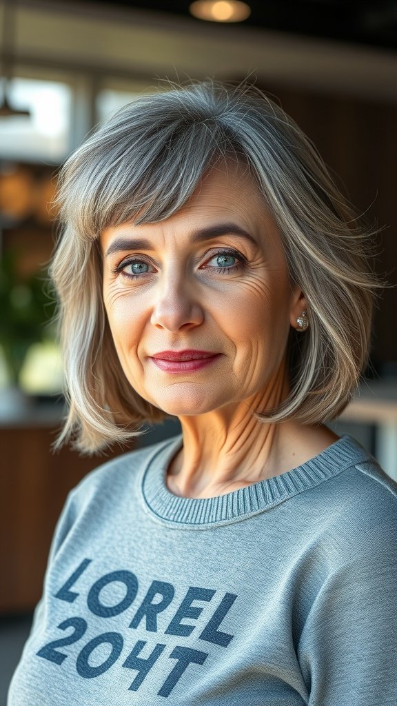 A woman with a chin-length bob hairstyle and sideburns, wearing a gray sweater.