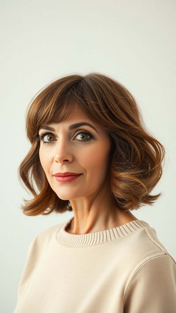 A woman with a chin-length lob hairstyle featuring subtle curls, looking stylish and confident.