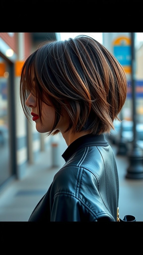 A woman with a choppy bob hairstyle, featuring a rounded silhouette and tapered ends, wearing a leather jacket.