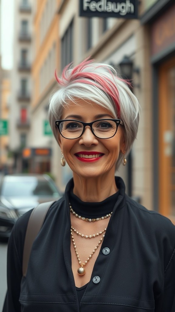 A stylish older woman with a choppy pixie haircut featuring pink highlights, wearing glasses and layered necklaces, smiling in an urban setting.