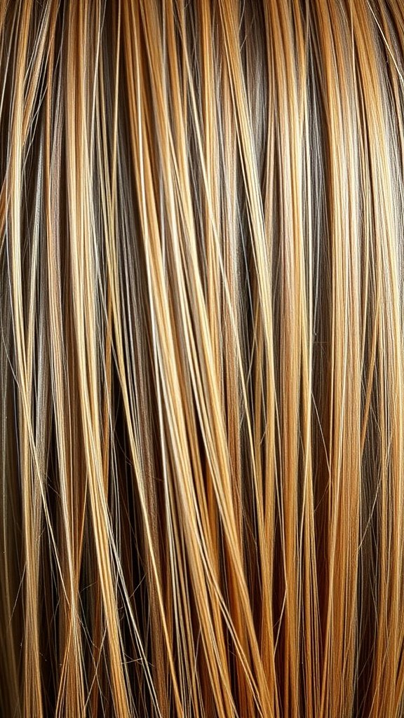 Close-up of straight light brown hair with cinnamon sugar dust highlights