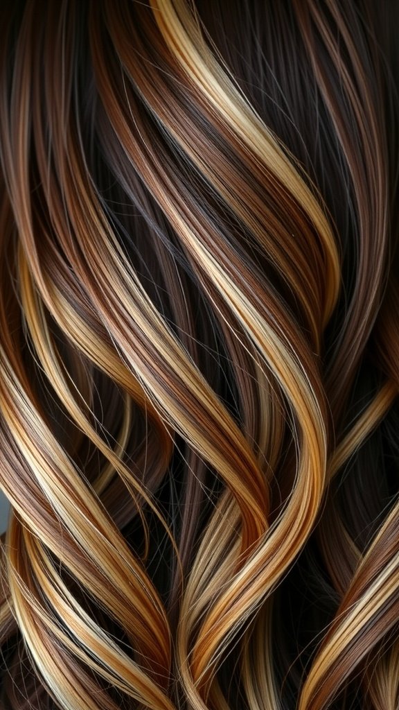 A close-up view of hair styled in cocoa brown with creamy blonde highlights, showcasing beautiful waves and color contrast.
