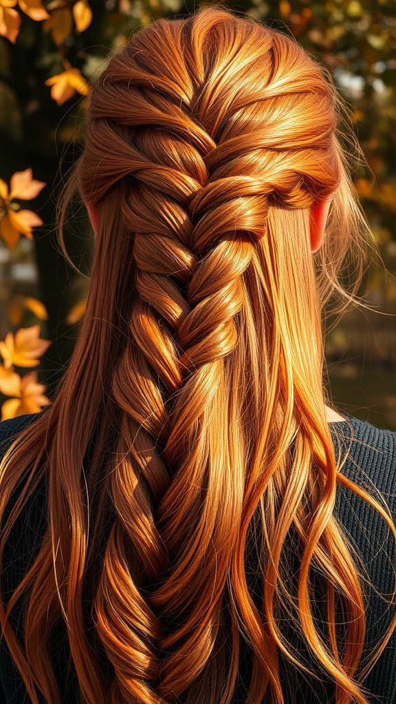 A beautiful copper waterfall braid hairstyle showcasing vibrant copper hair color.